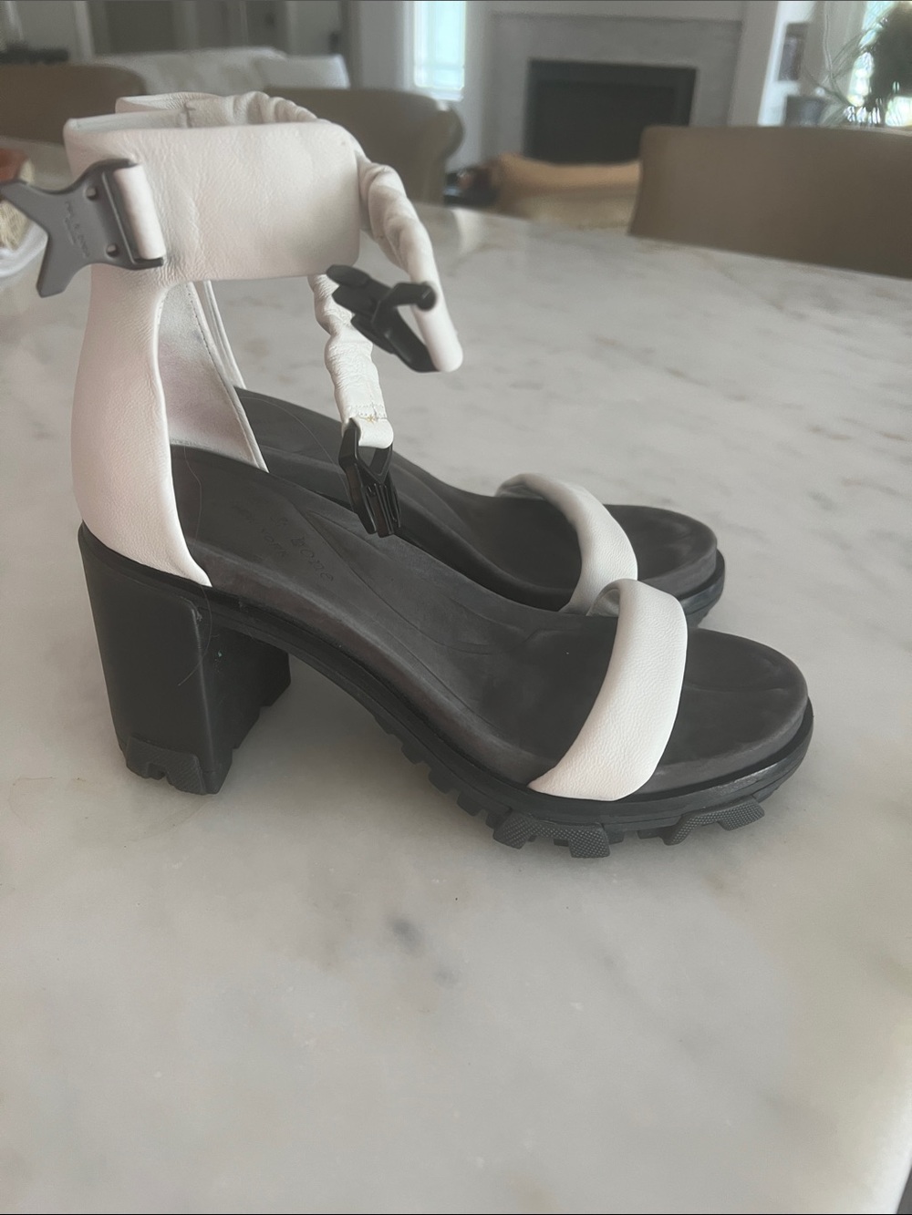rag & bone White Leather Ankle-Strap Chunky-Heel Sandals